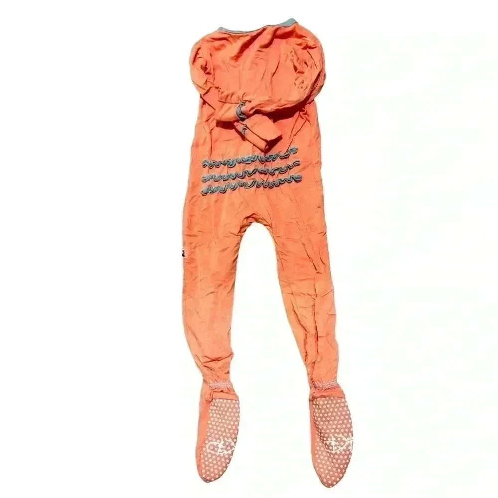 Kickee Pant 12-18 mo peach and teal muffin ruffle coveralls. Like new.